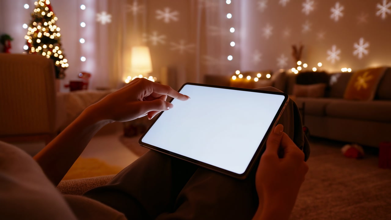 Cozy Living Room Holiday Evening Tablet, User Scrolling Blank Screen Beside Decorated Christmas Tree And Warm