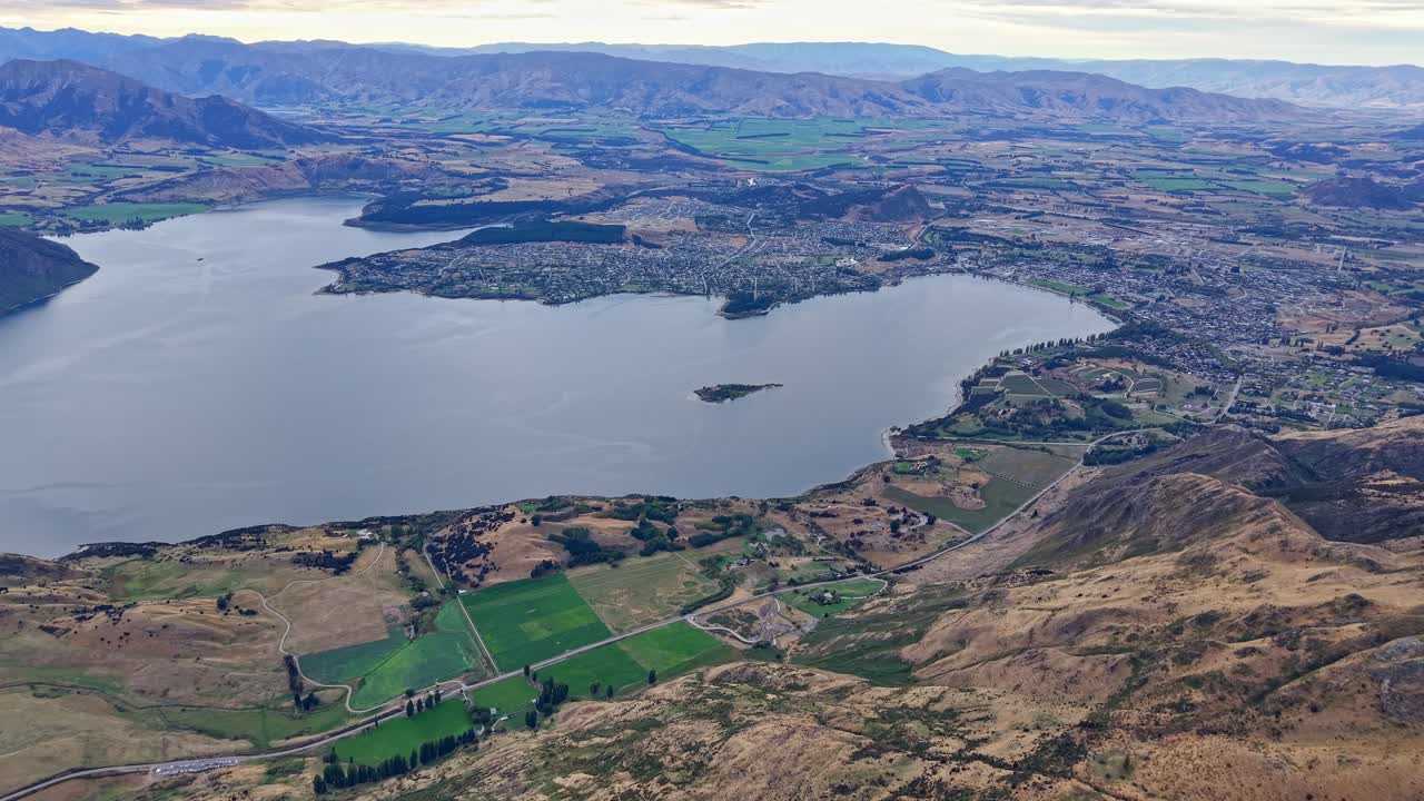 Aerial view of Lake Wanaka and town in New Zealand's Central Otago