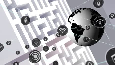 Animation-of-spinning-globe-over-maze-and-connections-on-grey-background