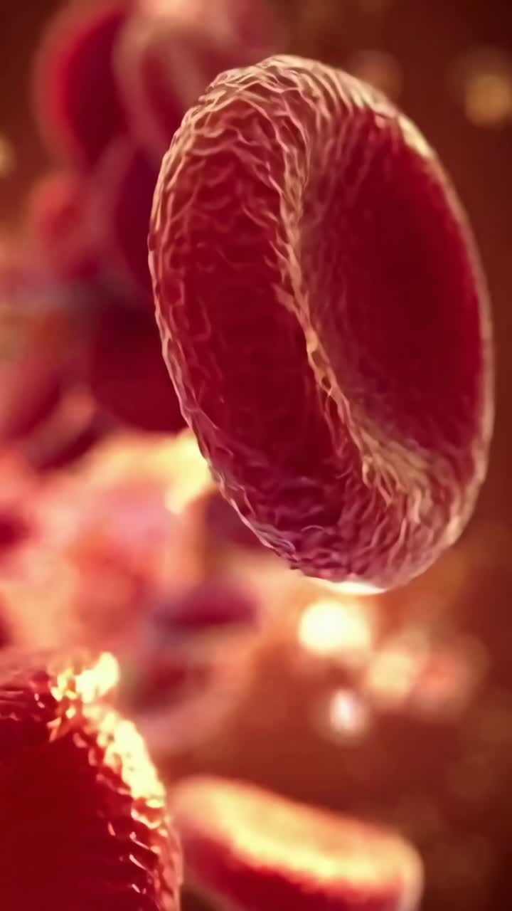 Close-up video of red blood cells in motion, captured from a dynamic, low-angle perspective