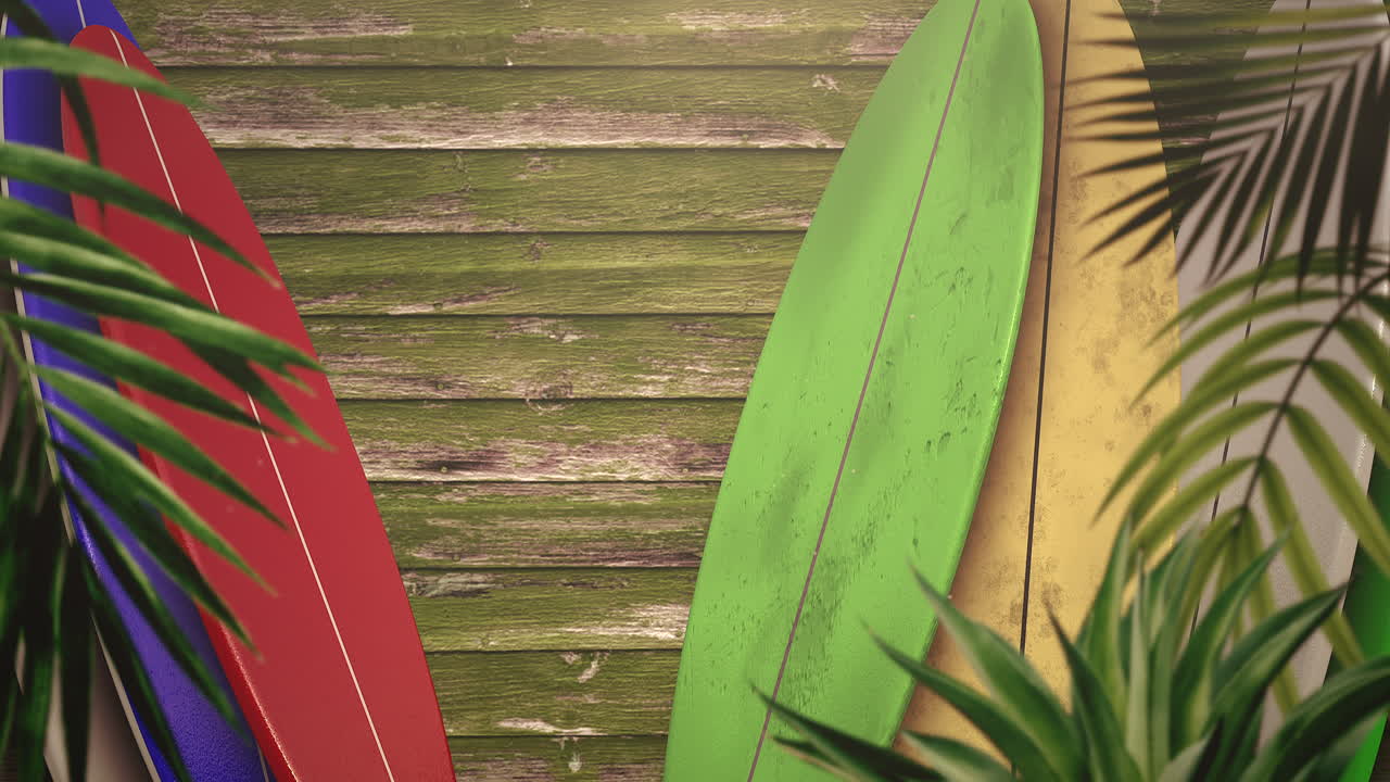 tablas de surf de primer plano y hojas tropicales con fondo de verano