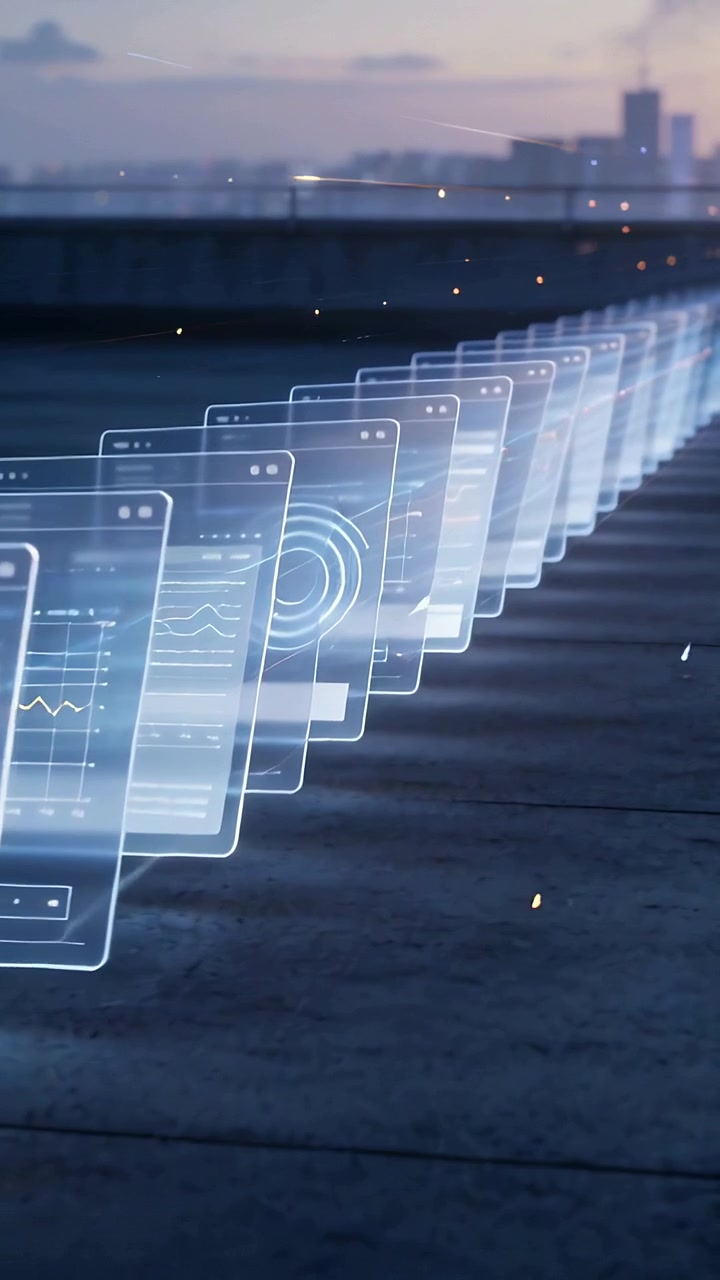 Vertical video: Appearing holographic panel initiating receding panels on rooftop, showing charts