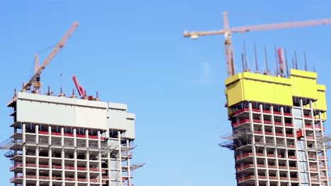 a city building is being made by two huge white construction cranes 1