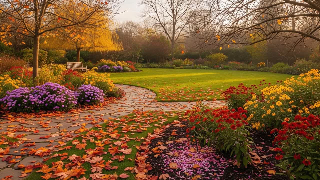 A Serene Autumn Garden Scene with Colorful Blooms and Falling Leaves ...