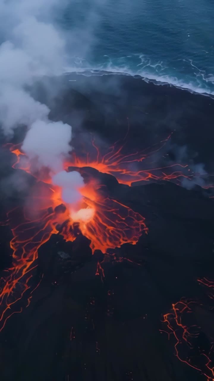 Vertical video: Erupting vent sending lava along coastline with rivulets, smoke and steam plumes
