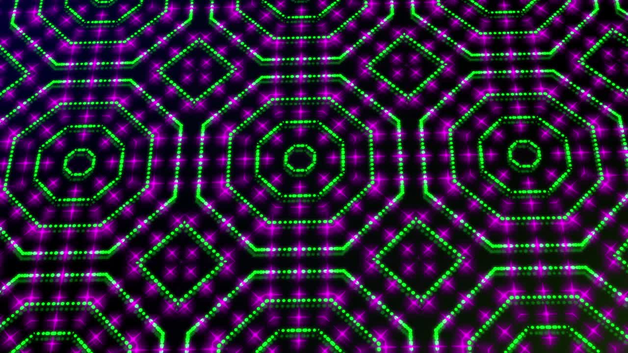 ilustración animada luz brillando puntos verdes y rosados y estrellas formas cuadradas.