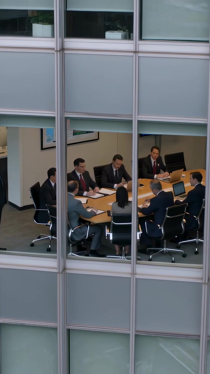 Video verticale: Team in abiti eleganti che discute in sala riunioni, rappresentante in piedi che avvia una votazione usando i laptop.