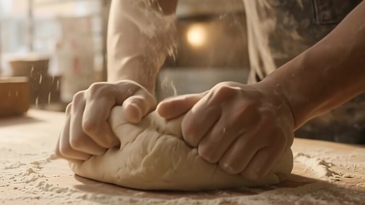 Baker Kneading Fresh Dough on a Wooden Table in a Bakery