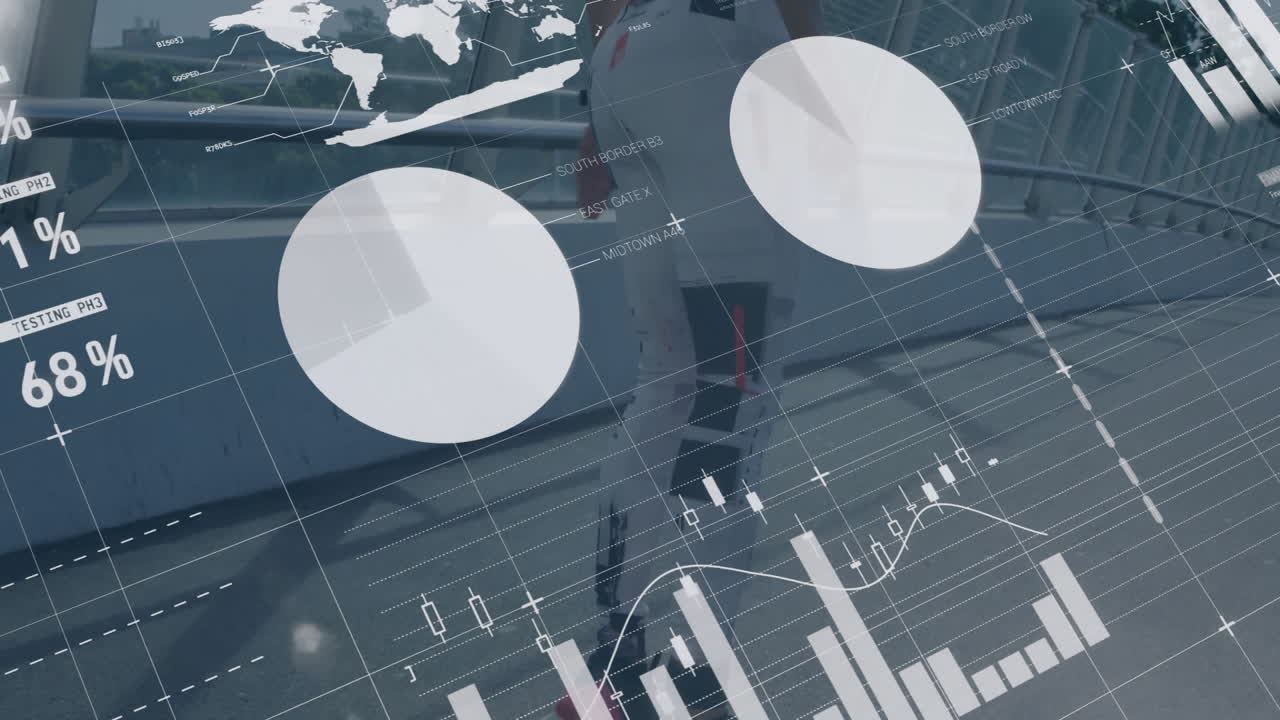 금융 데이터 차트 및 세계 지도 애니메이션이 사무실에서 는 사업가