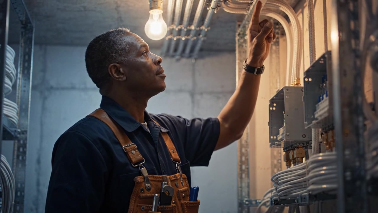Focused Electrician in Workshop Adjusts Wiring and Equipment Under Soft Glow of Bulb, Showcasing Skillful Craftsmanship in Electrical Maintenance and Repair