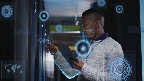 Animation of data processing over african american male it engineer and computer servers