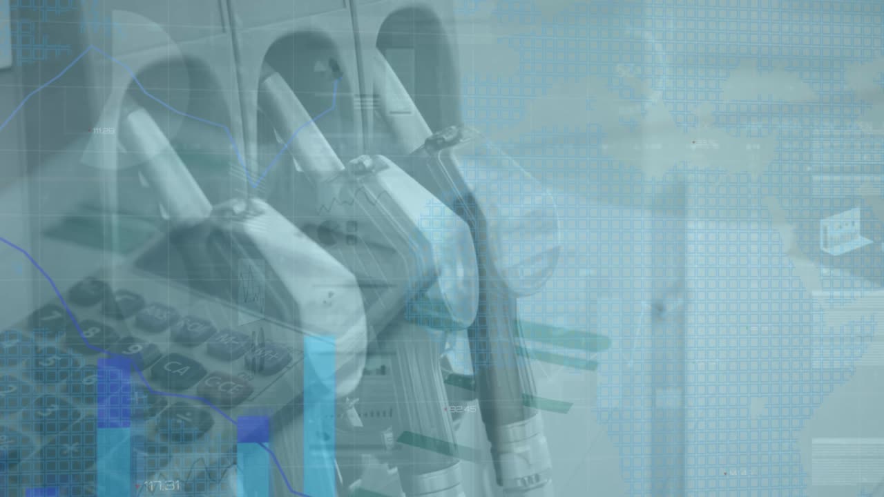 통계 및 금융 데이터 처리의 애니메이션은 계산기와 가솔린 노즐을 통해