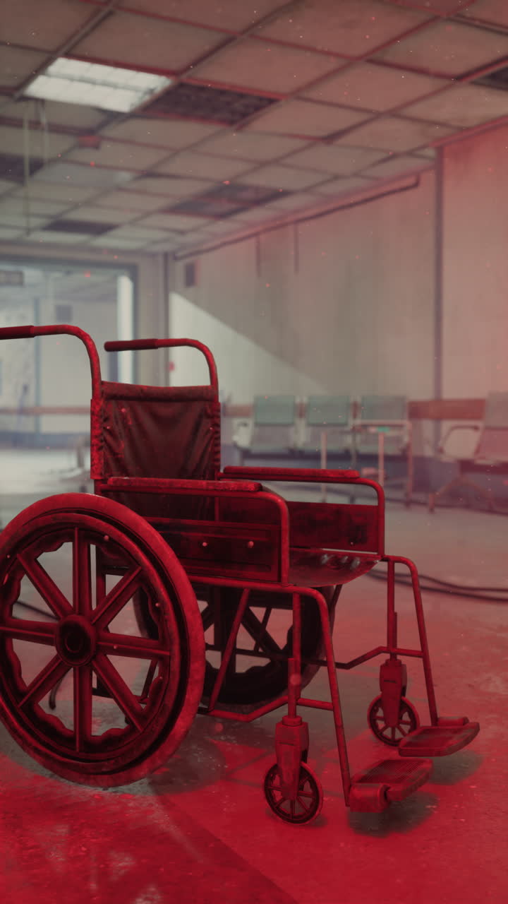 Cadeira de rodas esquecida na sala de espera de um hospital abandonado, à espera de histórias esquecidas
