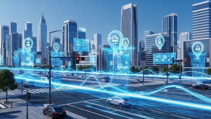 Paesaggio urbano futuristico che mostra una smart city con tecnologia avanzata e connettività attraverso elementi digitali e skyline della città