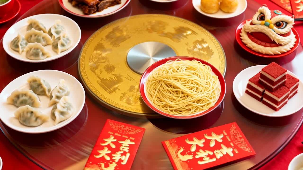 Lazy Susan emas berputar searah jarum jam di perjamuan, menyajikan mi dalam mangkuk merah, amplop merah