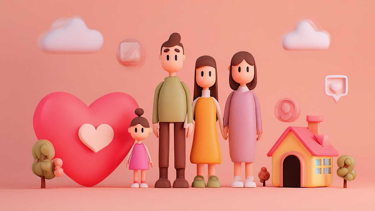 A cheerful animated family stands together in a playful setting with a large heart and a cozy home, showcasing themes of love, unity, and togetherness in a vibrant environment