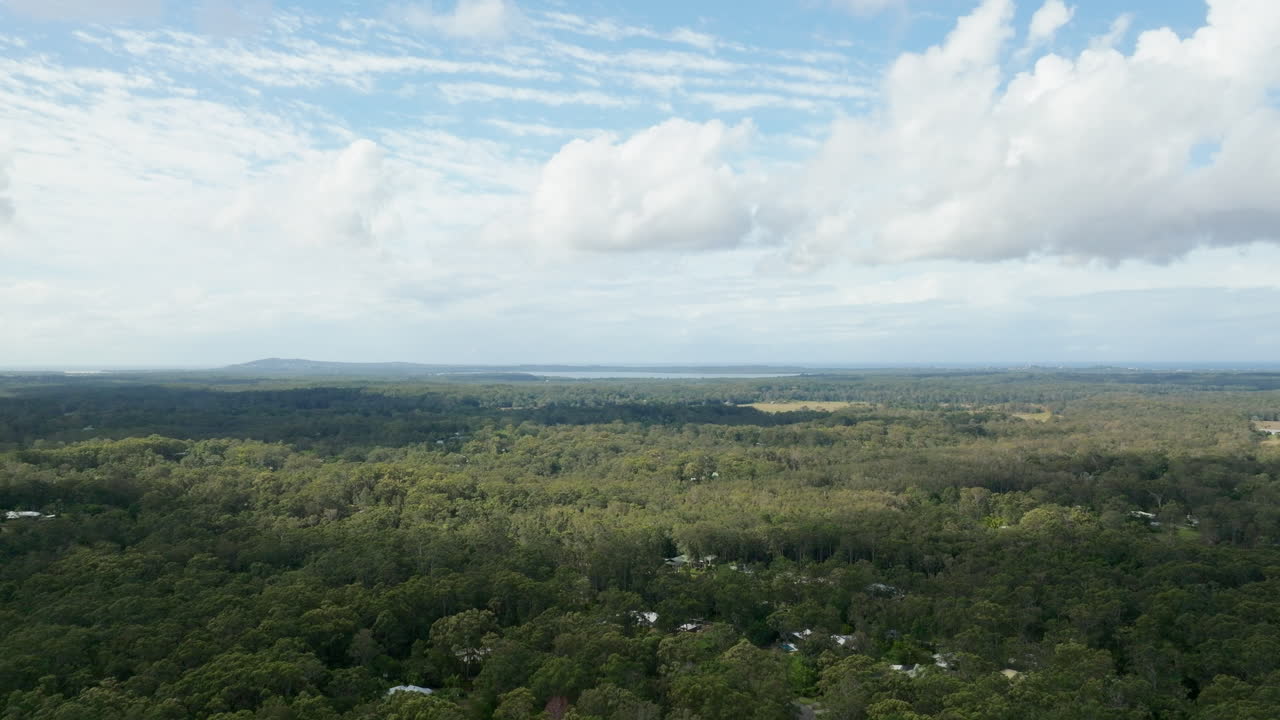 nubes blancas proyectando sombras en el bosque verde de las copas de los árboles, australia, dron de resolución 4k