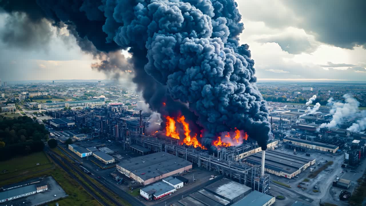 una gran columna de humo negro sale de una fábrica