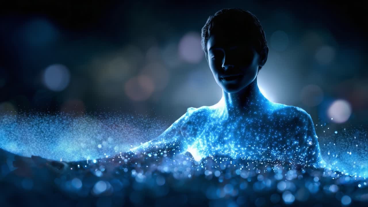 A captivating exploration of a luminous figure emerging from a shimmering sea of light and particles, creating a mesmerizing visual experience of ethereal beauty