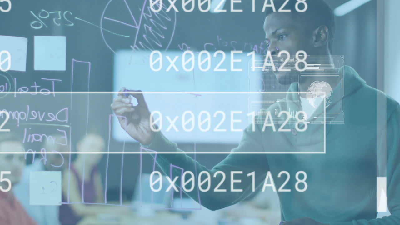 escritura en tablero transparente, persona analizando datos sobre animación de código