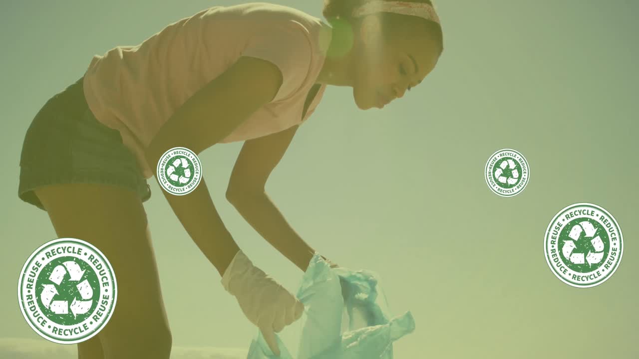 아프리카계 미국인 여성 자원봉사자가 폐기물을 분리하는 생태학 아이콘의 애니메이션