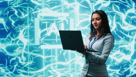 técnico que utiliza una computadora portátil para el mantenimiento de redes neuronales de inteligencia artificial