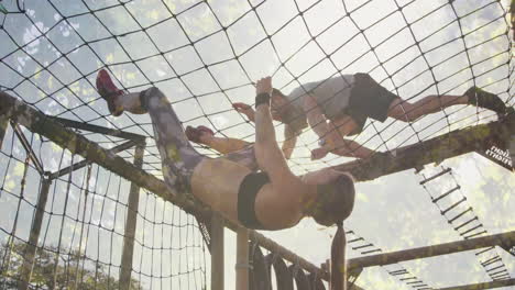 climbing rope net, people participate in outdoor obstacle course animation challenge
