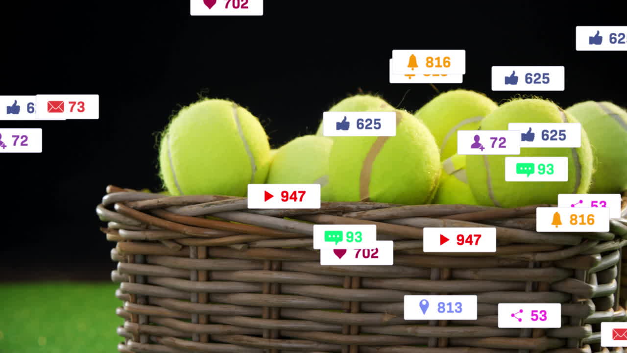 Wicker basket holding tennis balls while social media icons floating around frame in 3D render