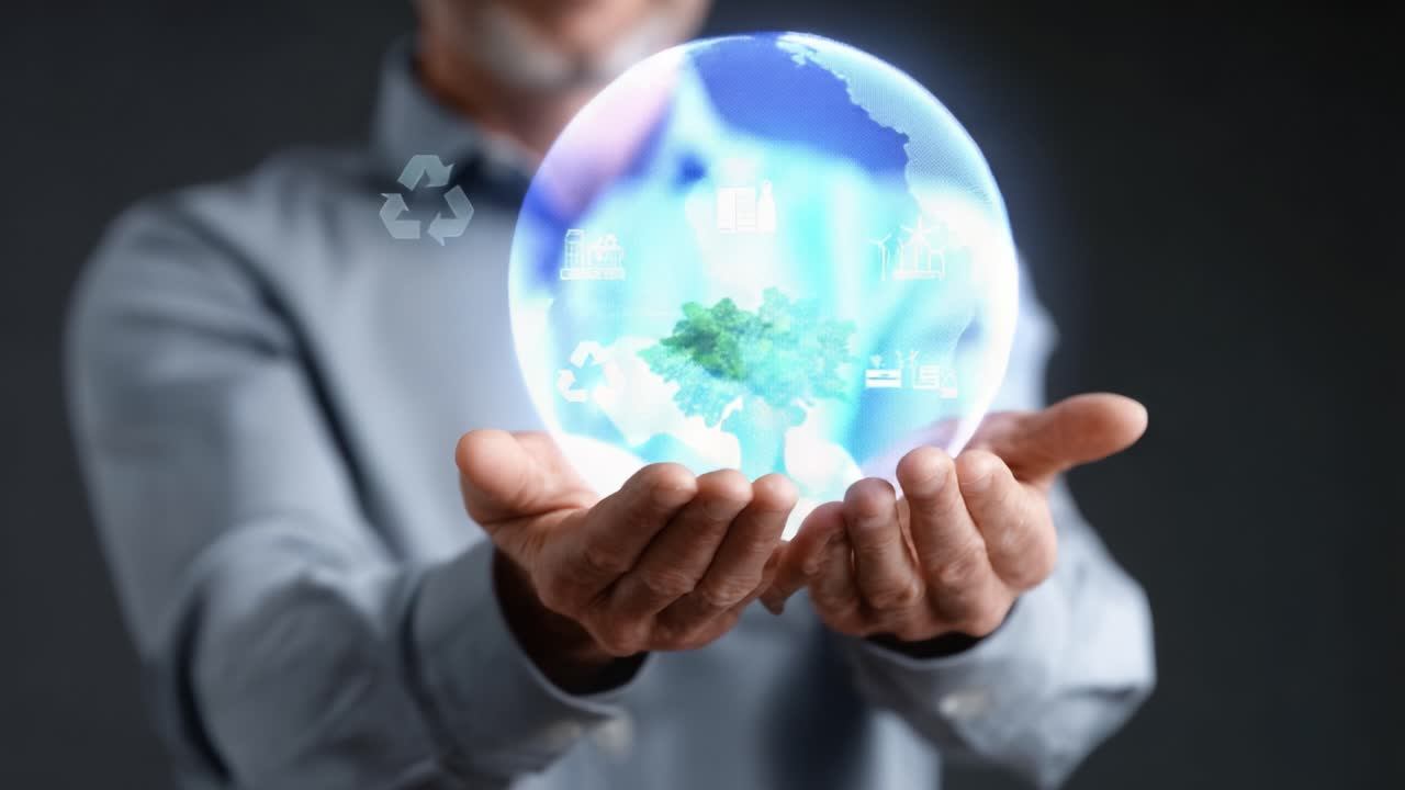 A Man Holds a Glowing Globe Representing Sustainable Environment, Symbolizing Hope for a Greener Future through Recycling, Renewable Energy, and Ecological Balance