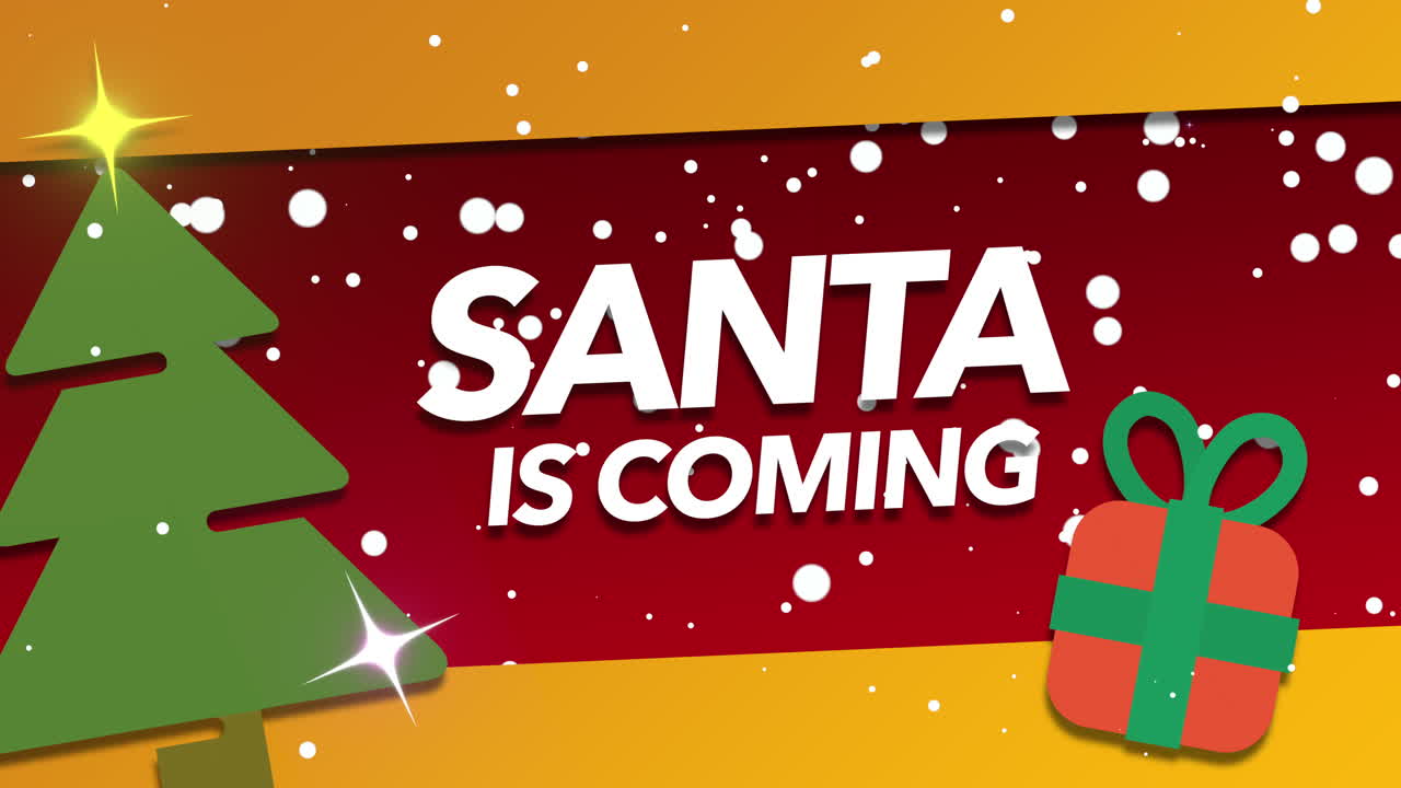 papá noel viene con nieve voladora y árbol de navidad verde con caja de regalos