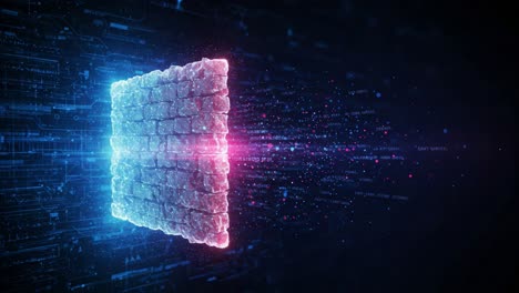 a digital wall breaking through boundaries, revealing a fusion of light and data streaming alongside technological innovation in a high-tech future