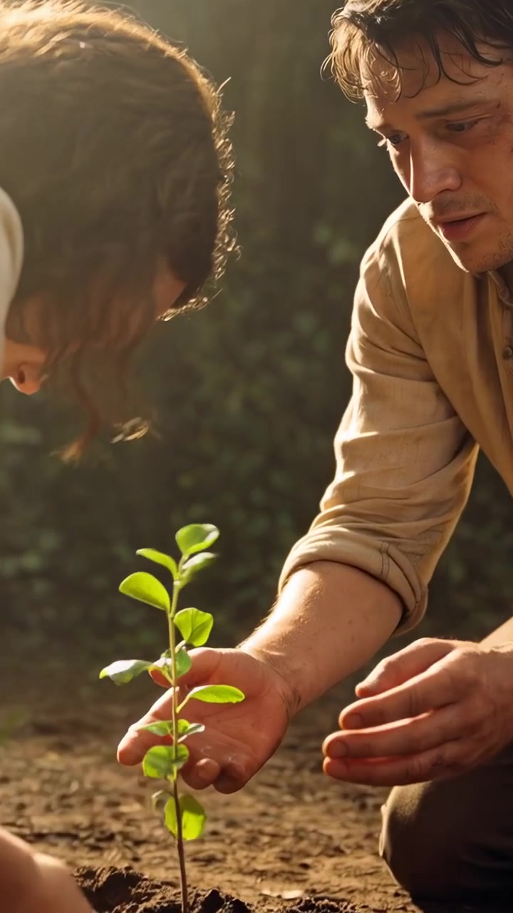 Vertical video: Planting couple in garden clothes securing sapling in yard after set, patting soil