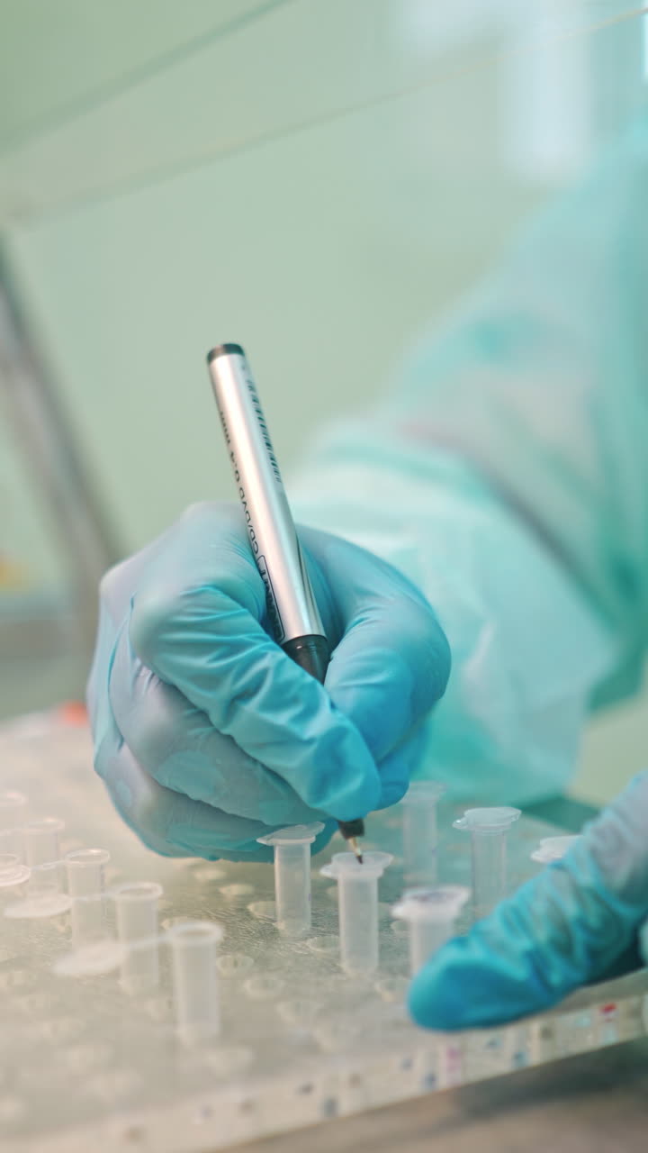Laboratory worker writes on test tubes. Close-up hands in blue protective gloves writing with a pen on plastic vials. Vertical video