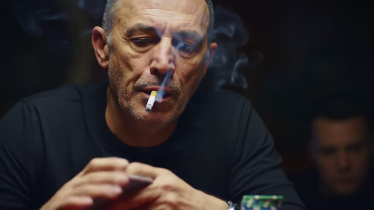 Intense Moments at the Poker Table: A Smoker's Focus Amidst High Stakes and Tension in a Dimly Lit Casino Environment