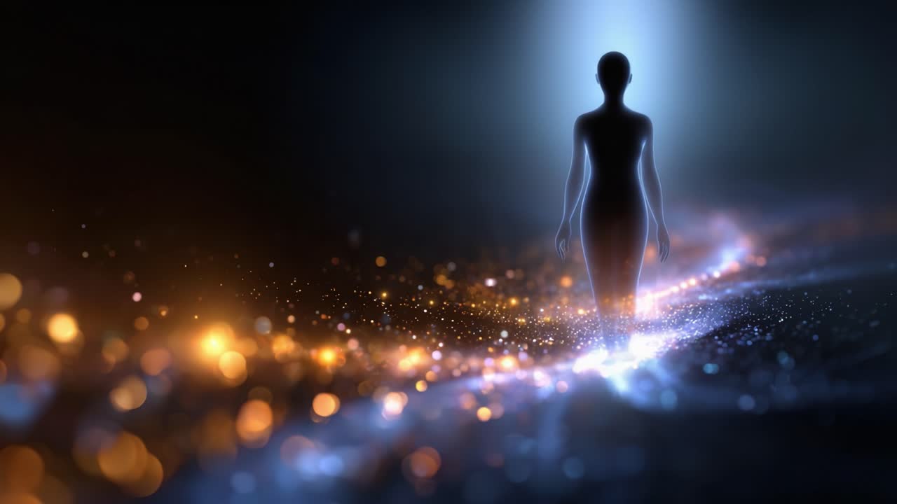 A silhouette emerges from cosmic light, walking through a shimmering path of stars and particles, creating a mystical atmosphere filled with energy and wonder