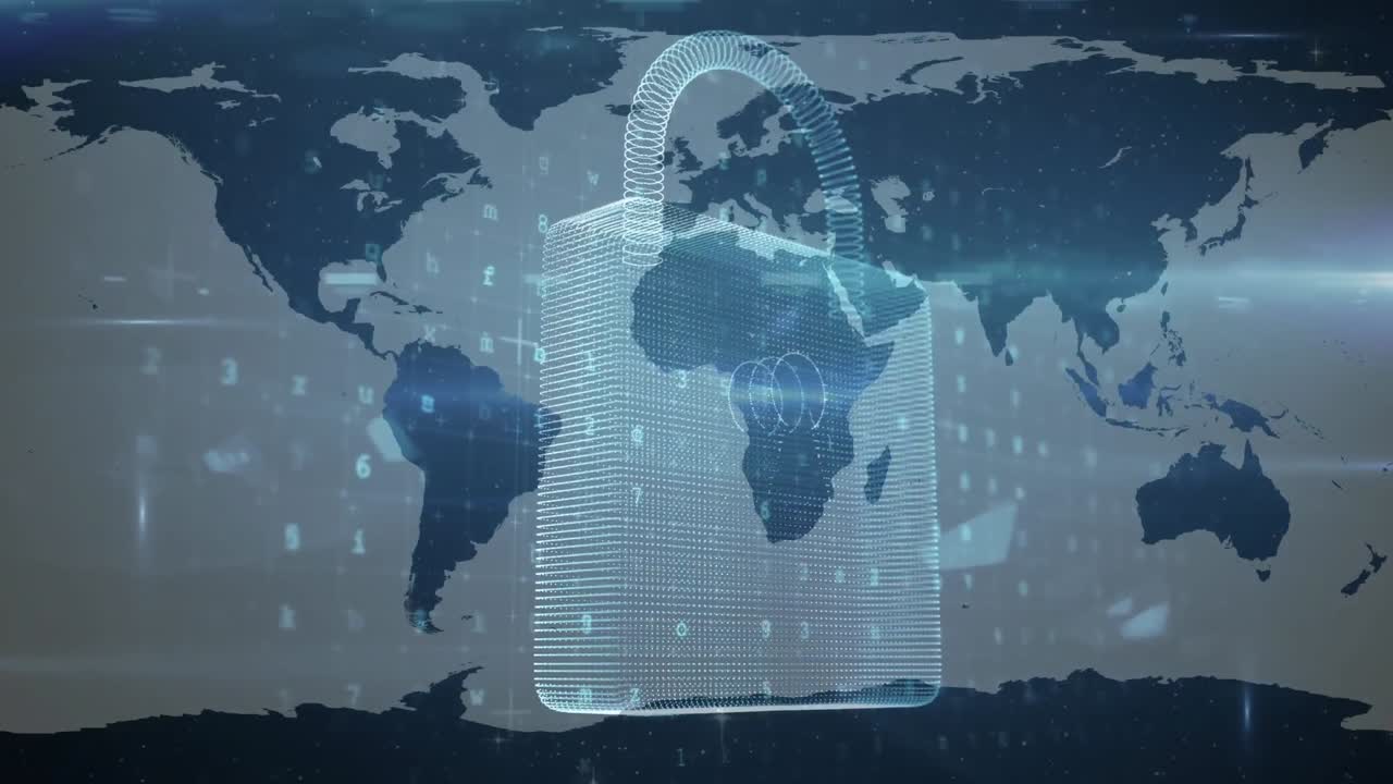 Animation of a blue padlock with a world map in background