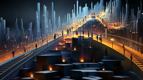 a lively city at night with people on a glowing path
