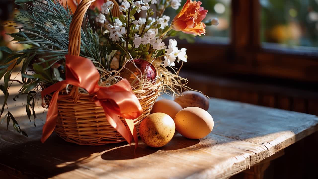 Sunlight spills softly over a woven basket. It holds flowers, greenery, and a ribbon's warm hue. Eggs rest beside the basket, resting gently. The scene evokes peaceful, rustic joy