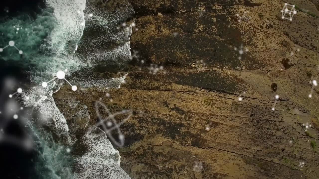 composición digital de las estructuras moleculares flotando contra la vista aérea de las olas en el mar