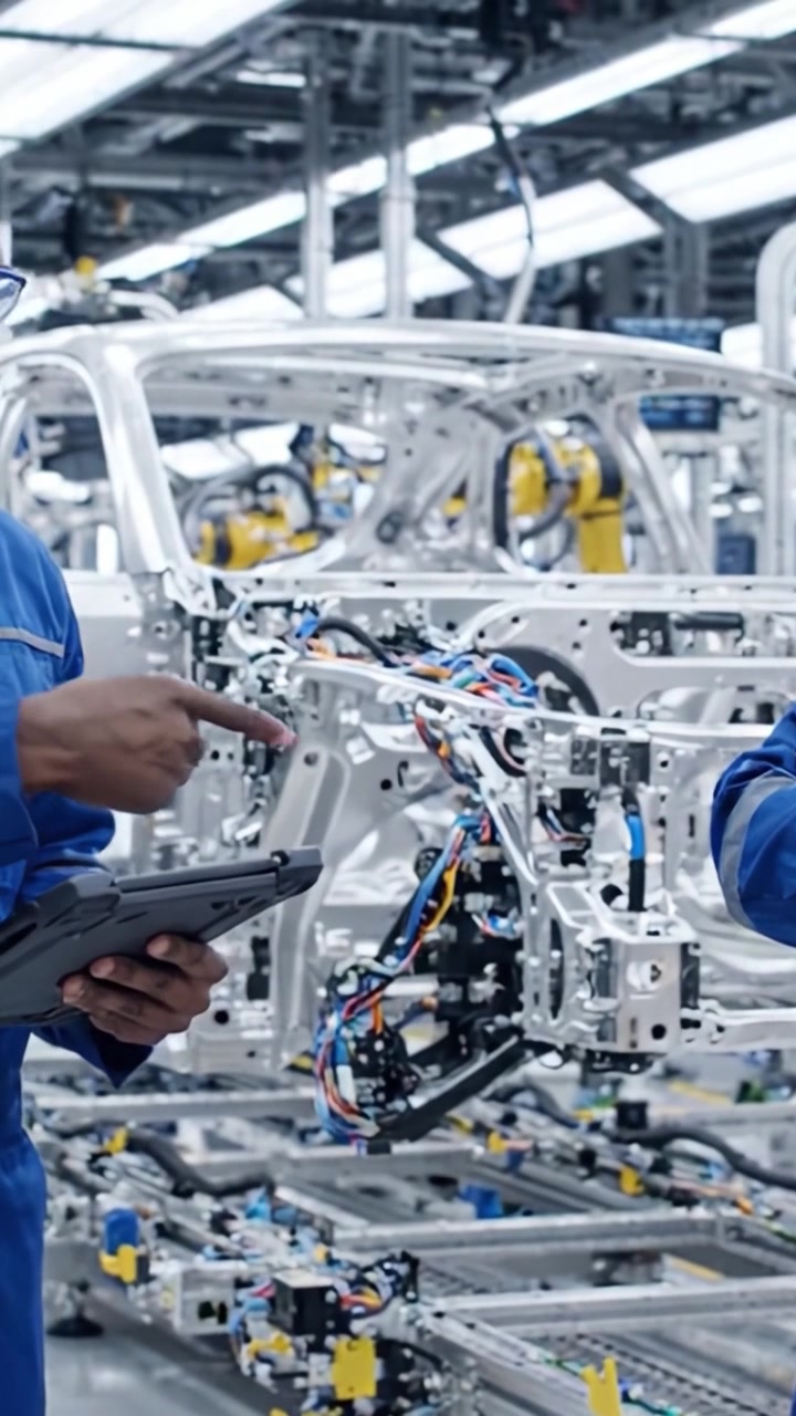 Engineers Collaborating in a Futuristic Automotive Manufacturing Facility, Analyzing Data on Tablets and Inspecting Complex Vehicle Framework