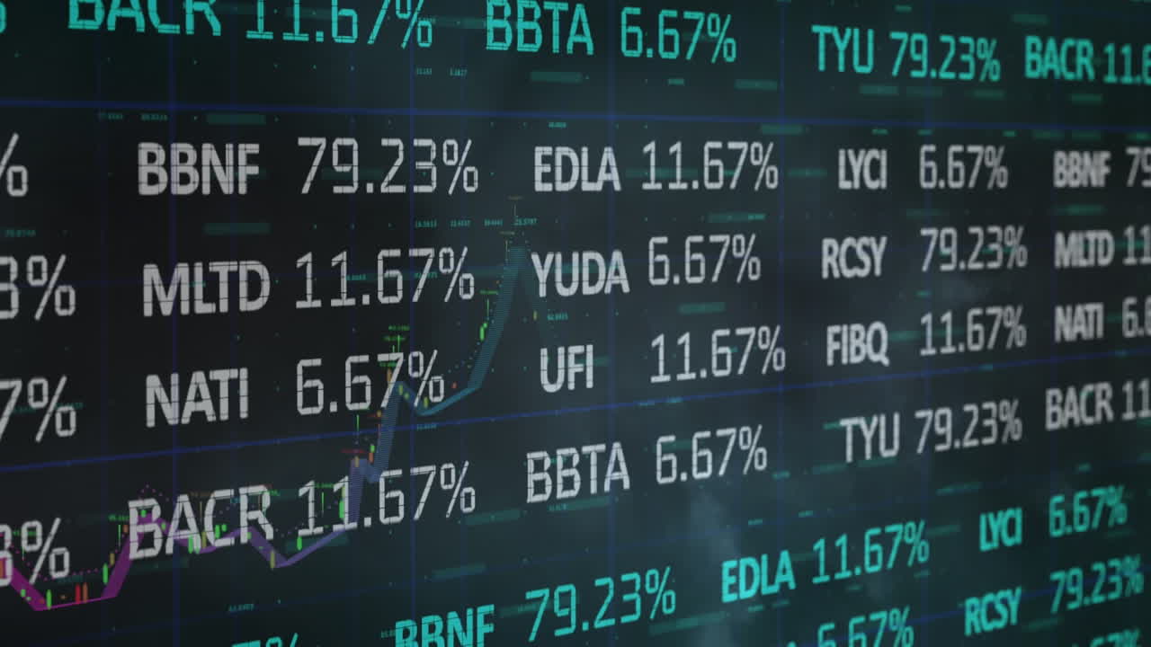 Animation of financial data processing over clouds and sky