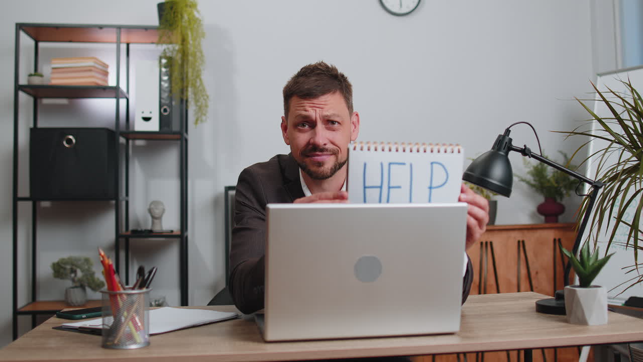 Overworked tired freelance businessman working on laptop showing inscription notebook with Help text