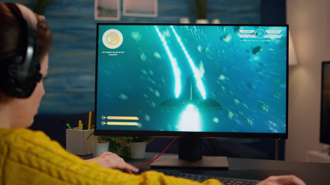 Gamer trying to relax playing space shooter online videogame