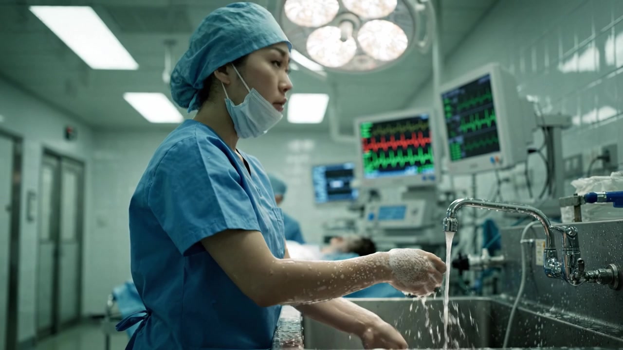 Preparación Quirúrgica: Un Profesional Médico Dedicado Realizando Higiene de Manos con Precisión para Garantizar un Entorno Seguro y Estéril en el Quirófano