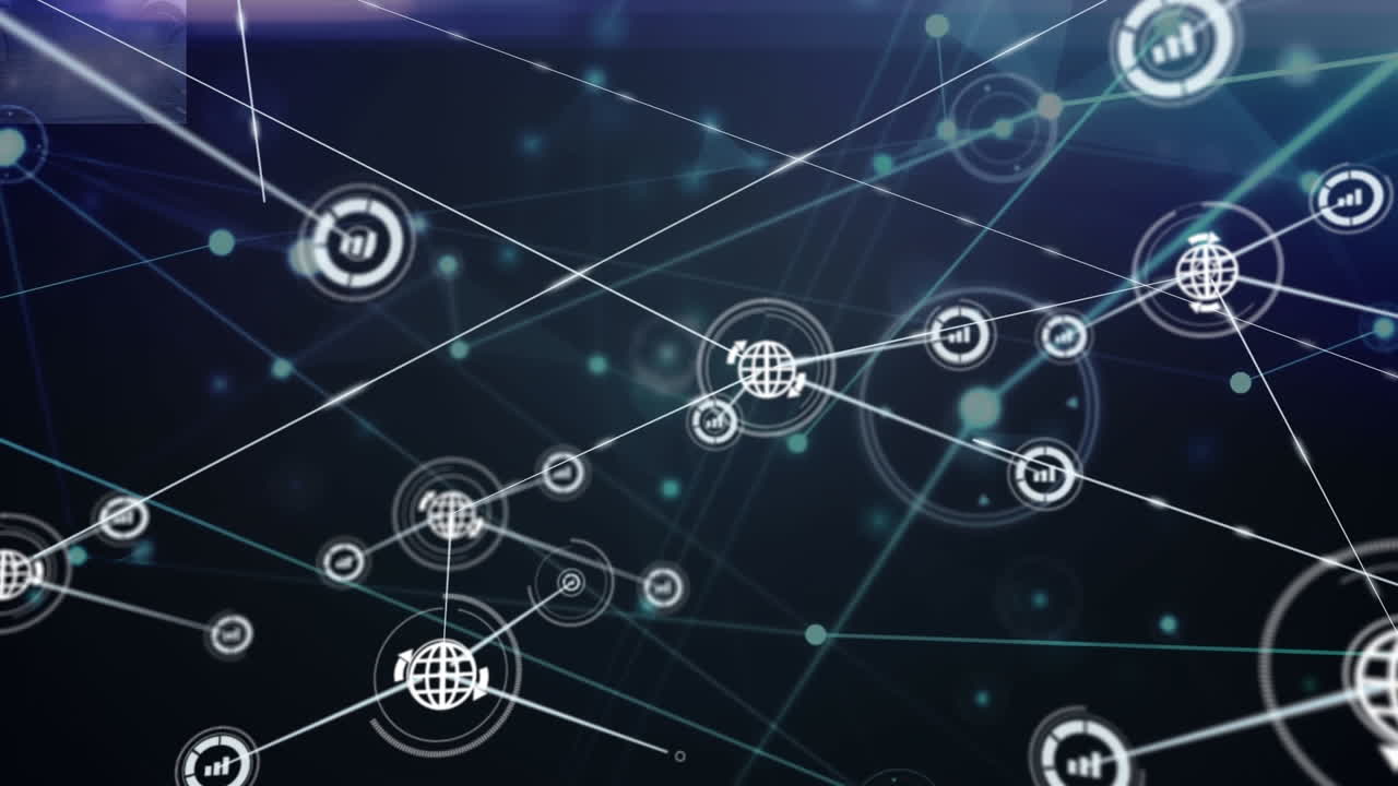 Animation of dots with bar graph and globe icons connecting with lines over abstract background