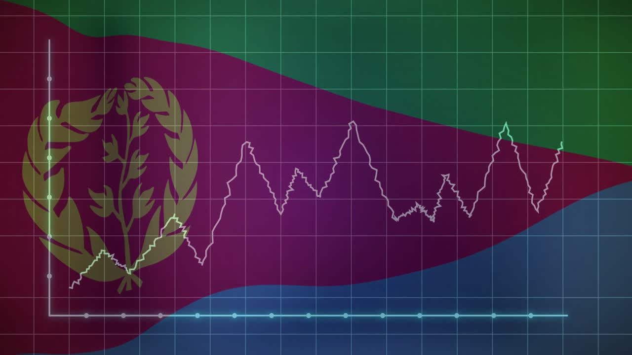 Dopo il tracciato di riferimento, un grafico a linee animato monitora le tendenze sopra la bandiera eritrea per un'analisi economica.