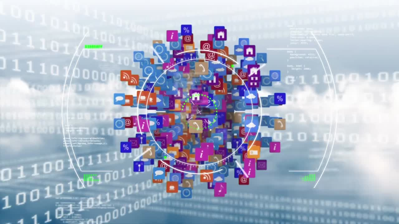 animación del globo con conexiones, iconos comerciales y codificación binaria