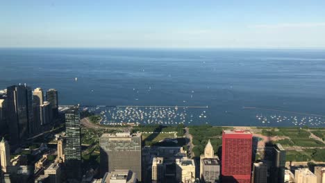 seascape where people see skyscrapers same time sky view with harbor and boats