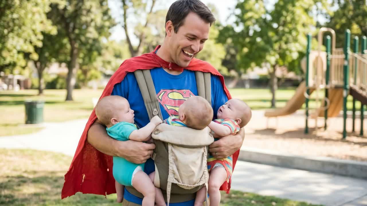 Superhero Dad with Babies in Park