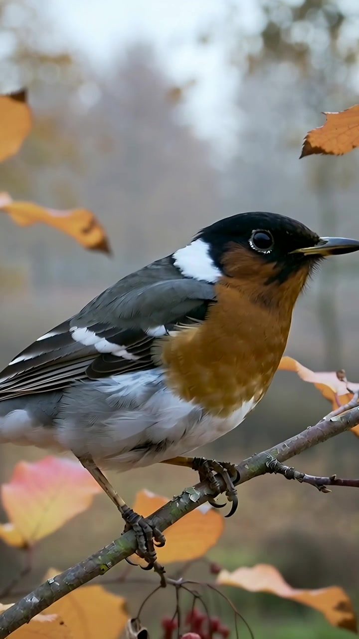 Video verticale: Capinera appollaiata che sente un fruscio e scuote la testa in un bosco nebbioso con bacche rosse.